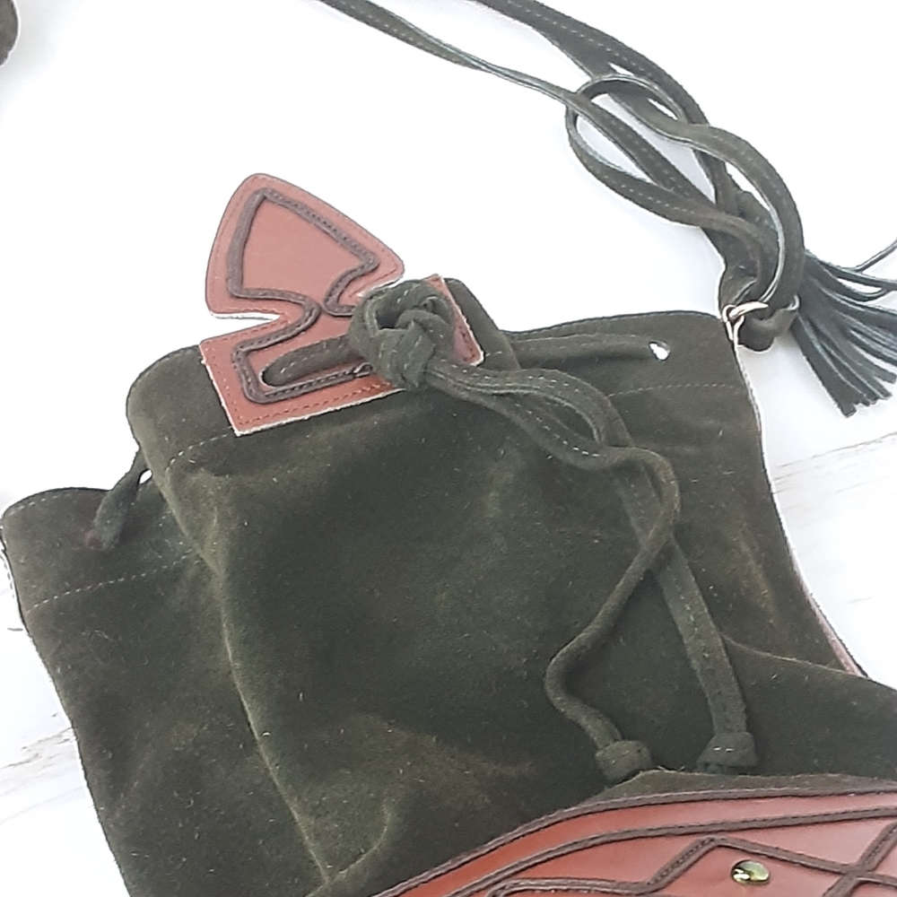 VTG YVES STAINT LAURANT ANJA Green Suede Caramel Leather Mini Bucket Bag - Picture 7 of 13